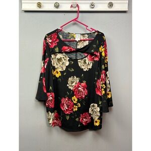 Naif Top Women Plus size 2X Black Floral Twist Cut-Out Bell Sleeve Blouse Boho